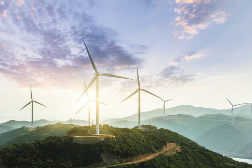 Un champ d'éoliennes au point du jour.